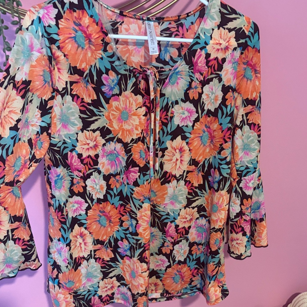Floral Print Blouse - Black, Orange, Pink, Blue